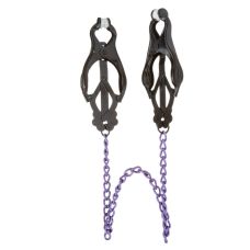 Чорні затискачі на соски у формі конюшини з фіолетовим ланцюжком DS Fetish