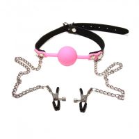 Кляп шарик в рот с зажимами на соски БДСМ розово черного цвета DS Fetish Locking gag with nipple clamps pink