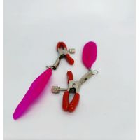 Зажимы на соски красного цвета с розовыми перышками DS Fetish Nipple clamps feather размер L