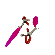 Затискачі на соски червоного кольору з рожевими пір'їнками DS Fetish Nipple clamps feather розмір L