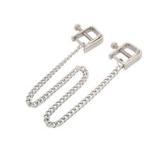 Затискачі для сосків у вигляді мініатюрних пресів на ланцюжку сріблястого кольору DS Fetish Nipple clamps iron розмір L