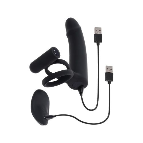 Вібронасадка на член реалістична для подвійного проникнення з пультом чорного кольору Gender X