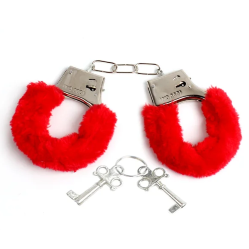 Красные стальные наручники с мехом на сцепке с ключами Easy Life BDSM Desire