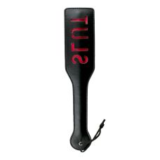 Шлепалка черного цвета БДСМ с красной надписью Slut из искусственной кожи  Easy Toys длина 33 мм