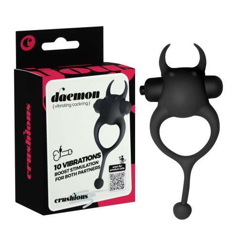 Ерекційне віброкільце на член з ріжками та хвостиком чорне CRUSHIOUS Daemon 10 режимів