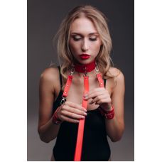 Ошейник с поводком и наручниками БДСМ из натуральной кожи ручной работы черного цвета Loveshop Fet 22