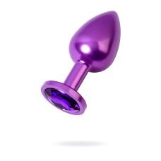 Анальная пробка металлическая фиолетовая с фиолетовым камнем Funny Steel размер S