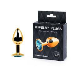 Металлическая анальная втулка Anal Jewelry Plugs с голубым кристаллом L72 мм D28 мм вес 50г золотая