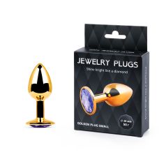 Металлическая анальная втулка Anal Jewelry Plug золотая с фиолетовым кристаллом L 72 мм D 28 мм вес 50г