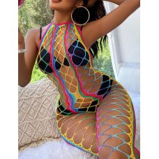 Сексуальный бодистокинг в сеточку  с открытой спиной и открытым доступом радужный Star Night