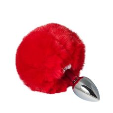 Анальна пробка металева срібляста із червоним хвостиком Crystal розмір S