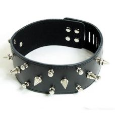 Нашийник шкіряний чорний широкий з шипами