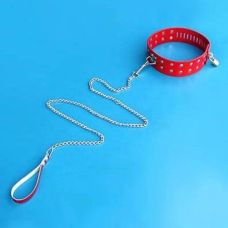 Красный кожаный ошейник с металлической цепью