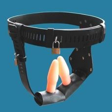 Жіночий пояс вірності з двома фалоімітаторами та замками з ключами БДСМ чорного кольору Bdsm4u