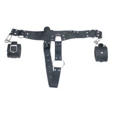 Кожаный бондаж для полового члена и оковы на руки черные