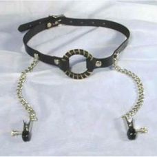 Шкіряний чорний кляп в рот з зажимами на соски для БДСМ-ігор