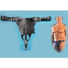 Черный кожаный пояс с металлическим кольцом-фиксатором на пенис для БДСМ