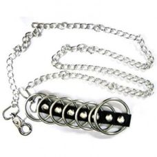 Фиксатор на член из кожаного ремешка с нержавеющими кольцами с поводком