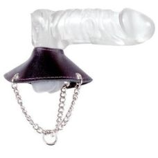 Фиксатор кожаный на мошонку черный с металлическим кольцом 