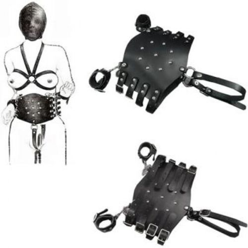 Черный женский корсет сдержанности с фиксацией рук из кожи и стали