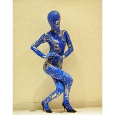 Оригинальный закрытый бодистокинг синего цвета с золотым принтом для БДСМ Foxshow