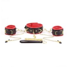 Набір для БДСМ чорно-червоний (наручники,нашийник, затискачі для сосків)
