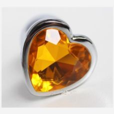 Анальная пробка металлическая серебристая с желтым камушком в виже сердечка Bdsm4u размер М