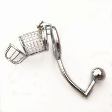 Мужская металическая клетка на пенис Ланселота с анальным крючком