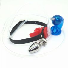 Уринальная система пояс верности синего цвета соедененный трубками с кляпом для рта и анальной пробкой с ответствием RECYCLER OXBALL