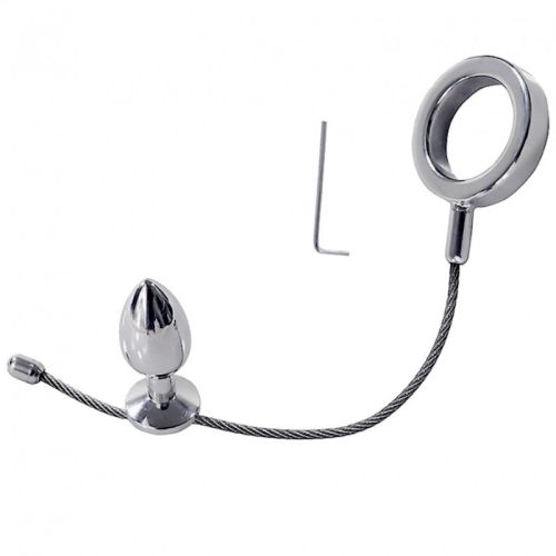Фиксатор для члена металлический серебристый с анальной пробкой Bdsm4u Plug with Chain and Ring
