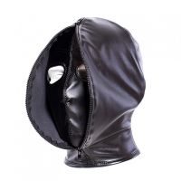 Маска капюшон с отверстиями для глаз БДСМ с молнией спереди и шнуровкой сзади черного цвета Uabdsm Leather Hood