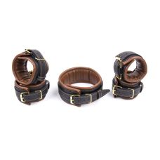 Набір для бондажу та фіксації БДСМ чорно коричневого кольору із золотистою фурнітурою Vscnovelty Brown Gold вondage кit 3 предмети