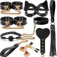 Набор для секса БДСМ черного цвета Vscnovelty Golden leather bondage Kit 8 предметов