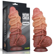 Фалоімітатор реалістичний двошаровий рельєфний на присосці із платинового силікону коричневого кольору Lovetoy довжина 240 мм