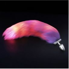 Анальна металева пробка сріблястого кольору що світиться з рожевим пишним хвостом Cnt Fire Fox Max