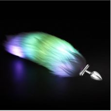 Анальна металева пробка сріблястого кольору що світиться з зеленим пишним хвостом Cnt Fire Fox Max