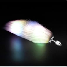 Анальна металева пробка сріблястого кольору що світиться з білим пишним хвостом Cnt Fire Fox Max