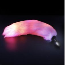 Светящаяся анальная пробка черного цвета с розовым пышным хвостом Cnt Fire Fox размер S