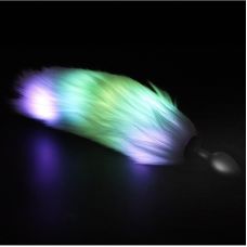 Светящаяся анальная силиконовая пробка черного цвета с разноцветным пышным хвостом Cnt Lan Fox