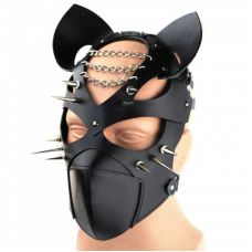 Маска на лицо с вырезами под глаза БДСМ с мордой кошки и шипами черного цвета Bdsm4u