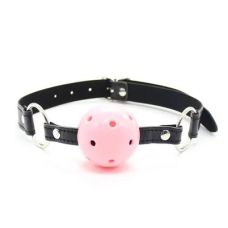 Кляп шарик в рот БДСМ из пластика розового цвета с черным ремешком из искусственной кожи Bdsm4u