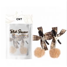 Зажимы для сосков с силиконовыми черными наконечниками с бантиками и пушистыми бубончиками телесного цвета Cnt