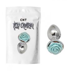 Анальная металлическая пробка серебристого цвета с голубой розочкой Cnt Flirt 