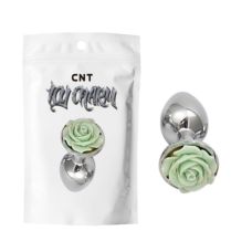 Анальная металлическая пробка серебристого цвета с салатовой розочкой Cnt Flirt 