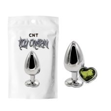 Анальная пробка из медицинской стали серебристого цвета с салатовым камушком в форме сердца Cnt Heart Gem