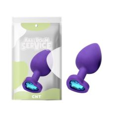 Анальная пробка силиконовая фиолетового цвета с голубым камушком в форме сердца Cnt Love Diamond размер Large