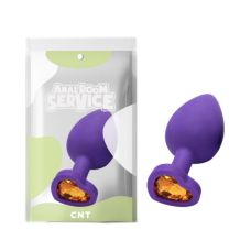 Анальная пробка силиконовая фиолетового цвета с желтым камушком в форме сердца Cnt Love Diamond размер Large