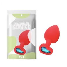 Анальная пробка силиконовая красного цвета с голубым камушком в форме сердца Cnt Love Diamond размер Large