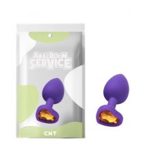 Анальная пробка силиконовая фиолетового цвета с желтым камушком в форме сердца Cnt Love Diamond размер Small