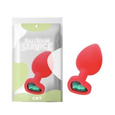 Анальная пробка силиконовая красного цвета с зеленым камушком в форме сердца Cnt Love Diamond размер Large